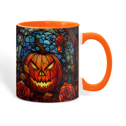 Stained Glass Pumpkin Halloween Ceramic Two Toned Accent Color Mug – Vibrant Jack-O'-Lantern Coffee Cup - Mallard Moon