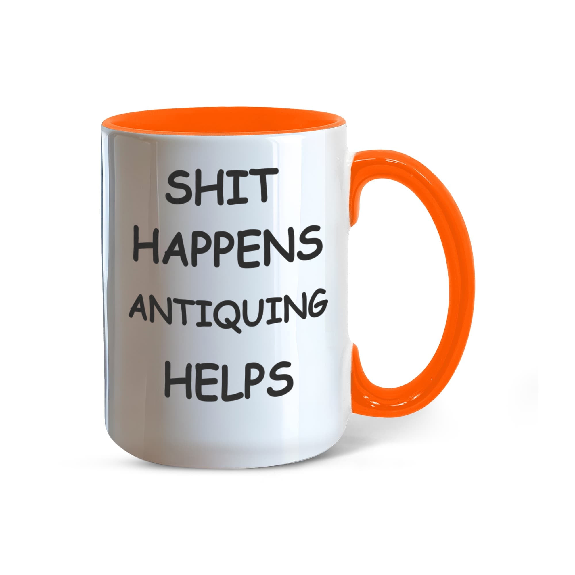 Shit Happens Antiquing Helps Funny Two-Tone Coffee Mug – Gift for Antique Lovers, Vintage Collectors & Flea Market Fans – Colored Accent Mug
