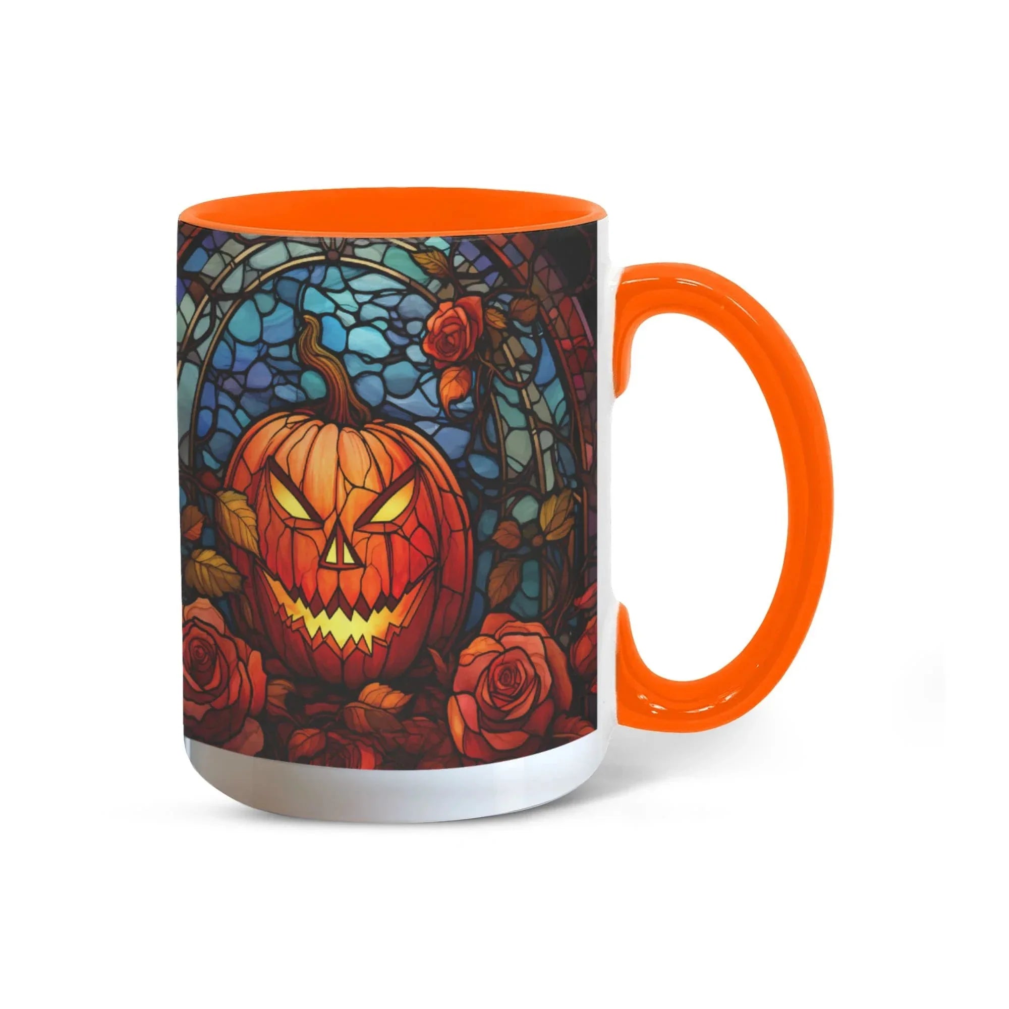 Stained Glass Pumpkin Halloween Ceramic Two Toned Accent Color Mug – Vibrant Jack-O'-Lantern Coffee Cup