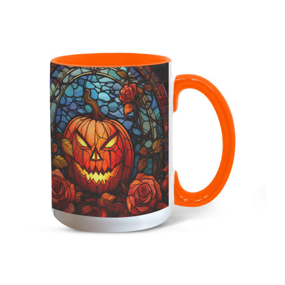 Stained Glass Pumpkin Halloween Ceramic Two Toned Accent Color Mug – Vibrant Jack-O'-Lantern Coffee Cup - Mallard Moon