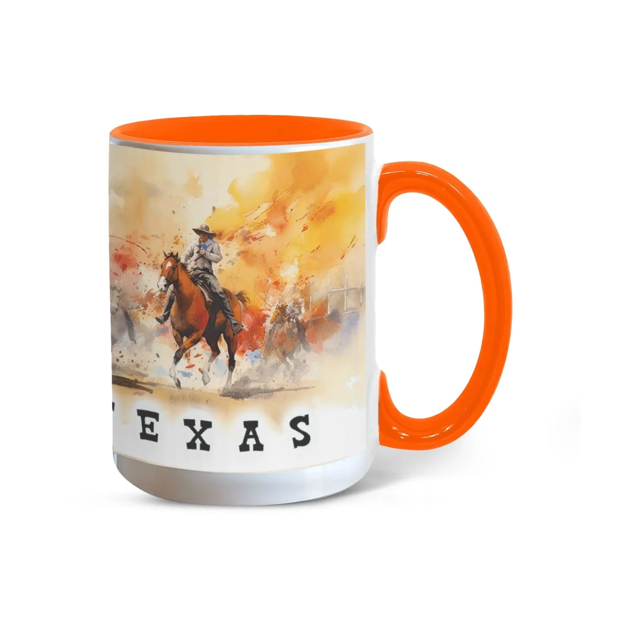 Texas Rodeo Cowboy Two-Tone Accent Mug – 11oz & 15oz – Western Cutting Horses Coffee Cup with Colored Interior & Handle