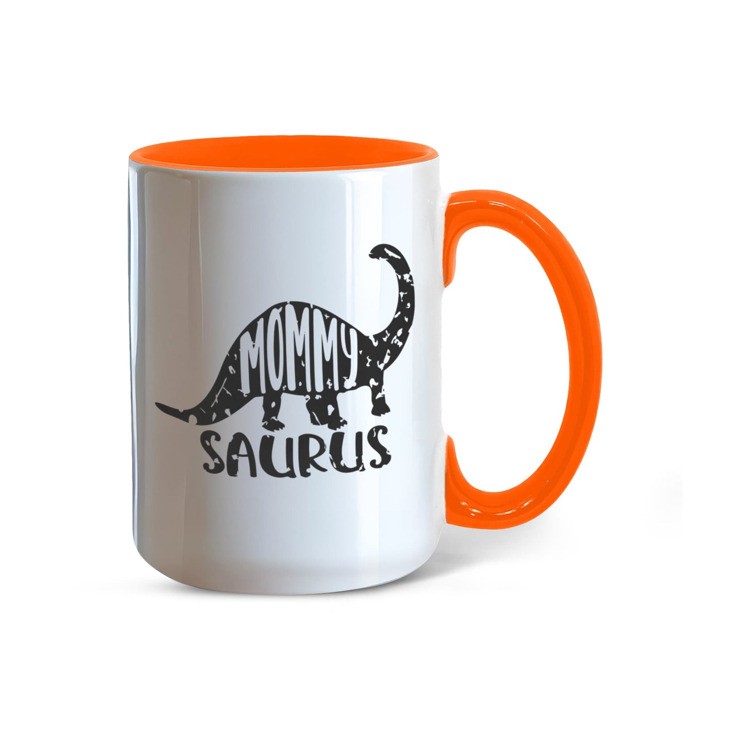 Mommy Saurus Dinosaur Mug – Funny Gift for Moms – Two Tone Color Accent Ceramic Coffee Mugs - Mallard Moon Gift Shop