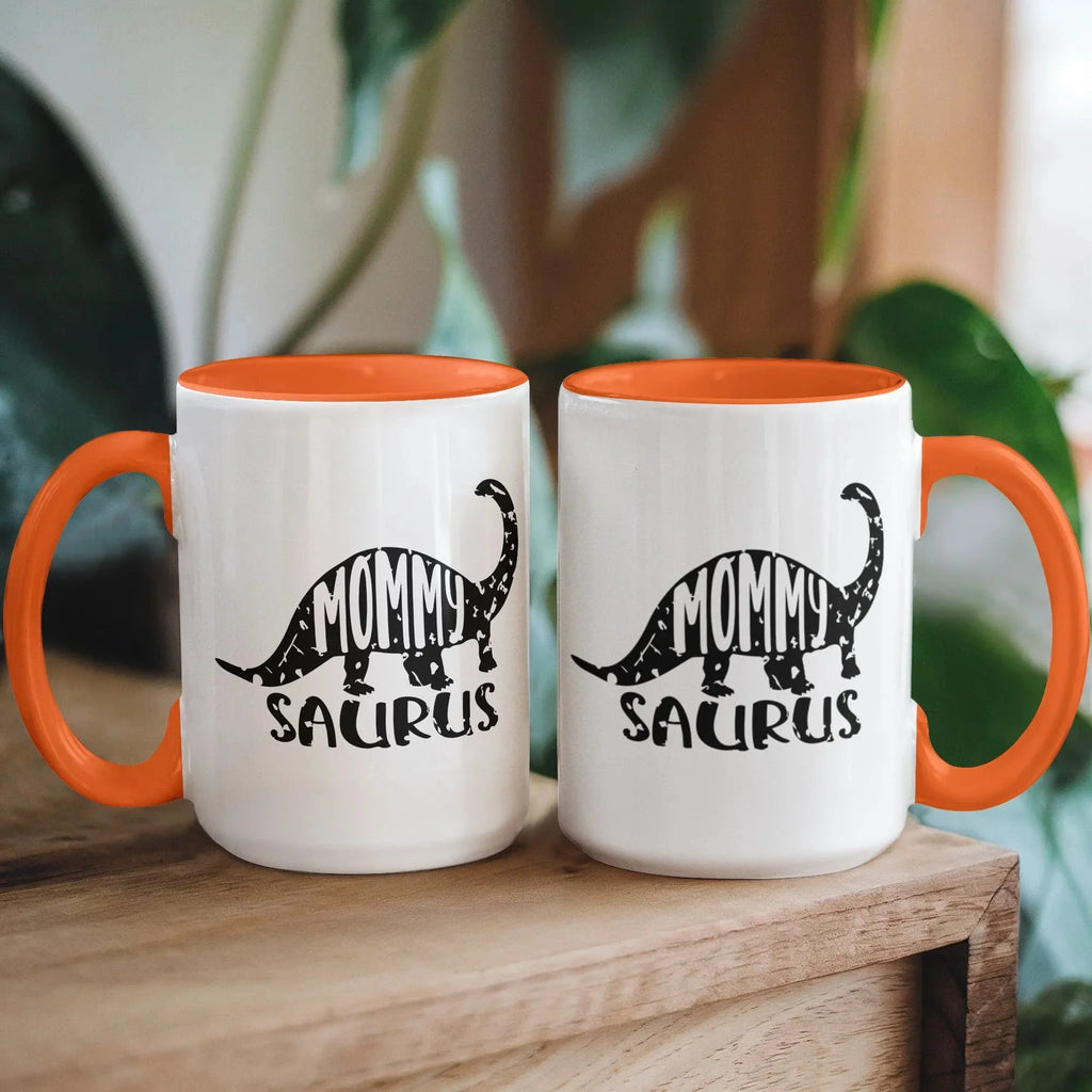 Mommy Saurus Dinosaur Mug – Funny Gift for Moms – Two Tone Color Accent Ceramic Coffee Mugs