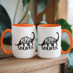 Mommy Saurus Dinosaur Mug – Funny Gift for Moms – Two Tone Color Accent Ceramic Coffee Mugs
