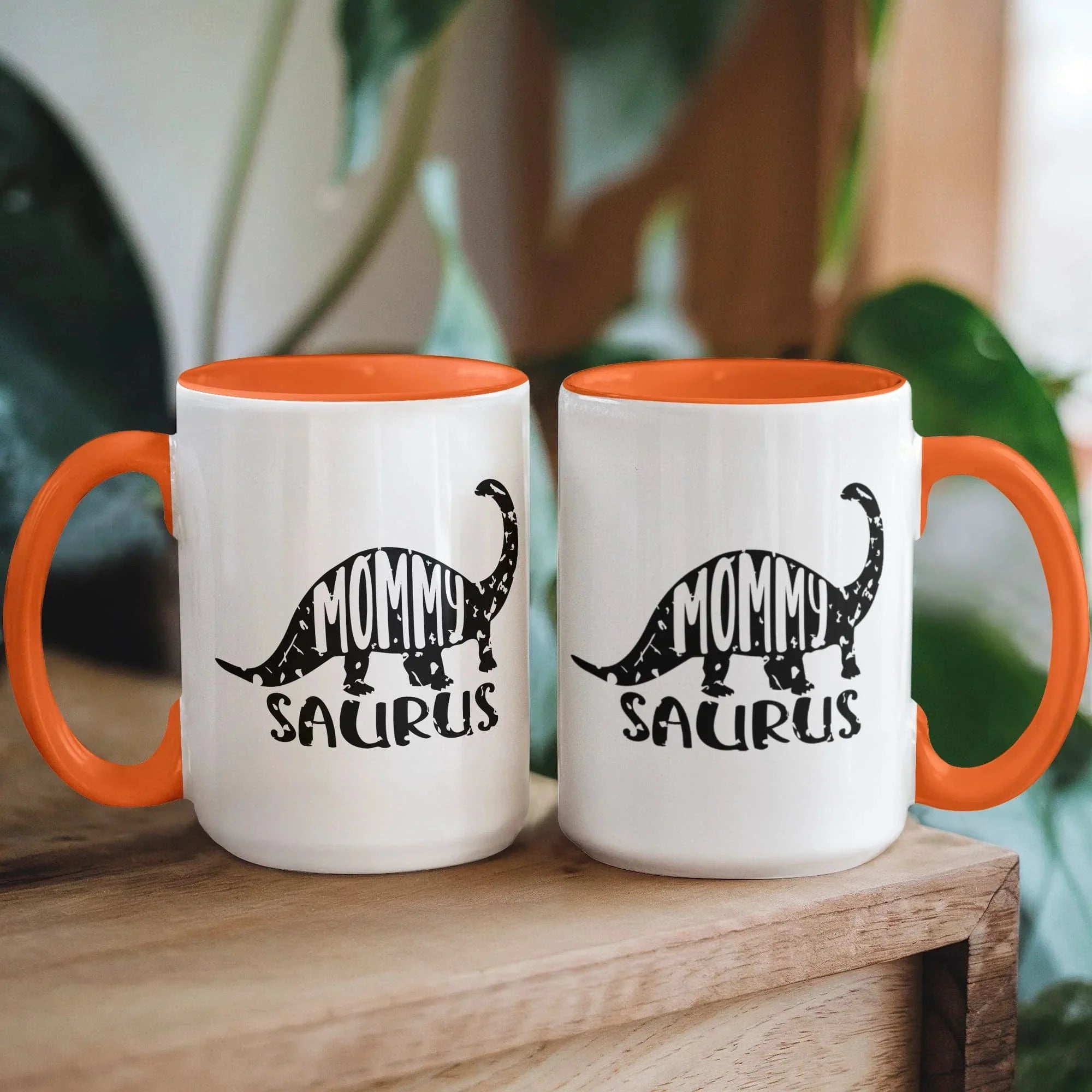 Mommy Saurus Dinosaur Mug – Funny Gift for Moms – Two Tone Color Accent Ceramic Coffee Mugs