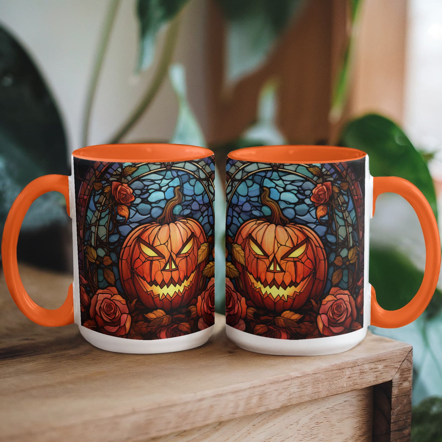 Stained Glass Pumpkin Halloween Ceramic Two Toned Accent Color Mug – Vibrant Jack-O'-Lantern Coffee Cup - Mallard Moon