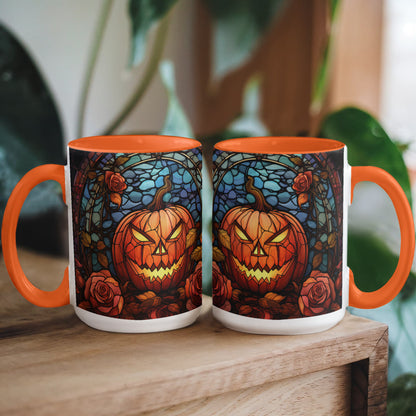 Stained Glass Pumpkin Halloween Ceramic Two Toned Accent Color Mug – Vibrant Jack-O'-Lantern Coffee Cup - Mallard Moon