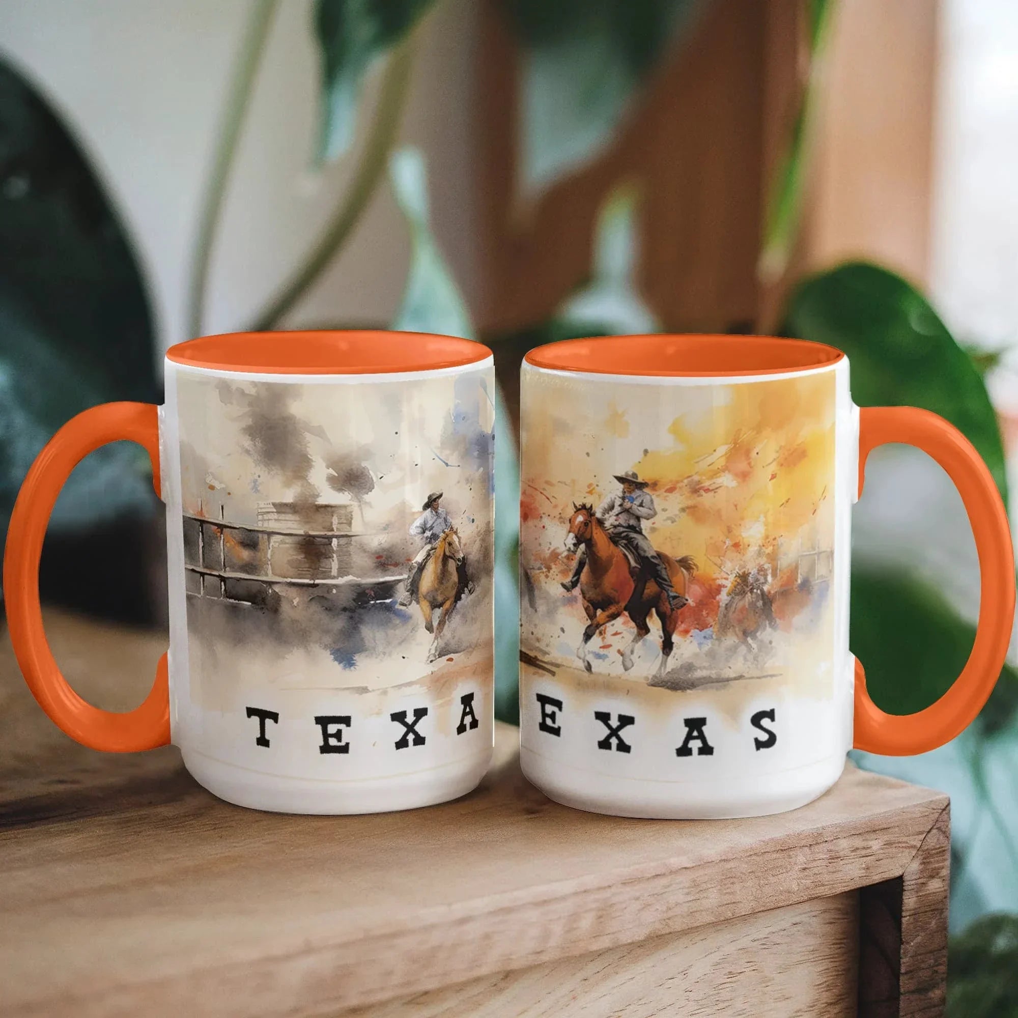 Texas Rodeo Cowboy Two-Tone Accent Mug – 11oz & 15oz – Western Cutting Horses Coffee Cup with Colored Interior & Handle
