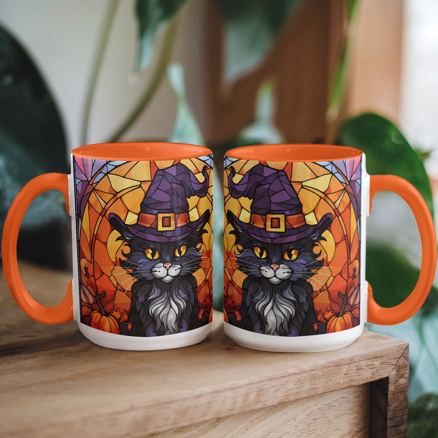 Halloween Black Cat Witch Stained Glass Ceramic Two-tone Mug – Spooky Fall Coffee Cup for Cat Lovers - Mallard Moon