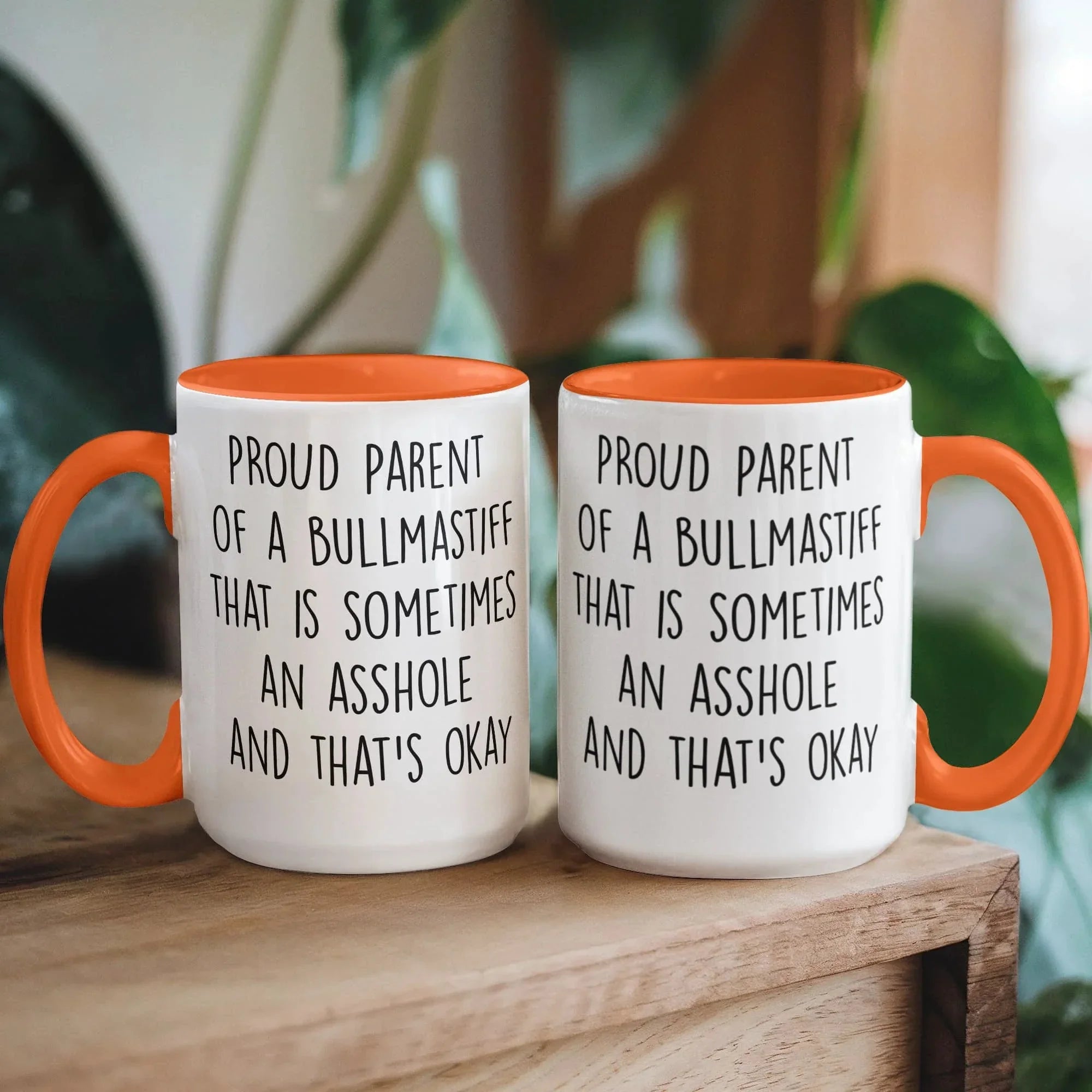 Funny Bullmastiff Dog Parent Color Accent Mug – “Proud Parent of a Bullmastiff That Is Sometimes an Asshole” – Two-Tone Coffee Cup, 11oz or 15oz in 7 Colors