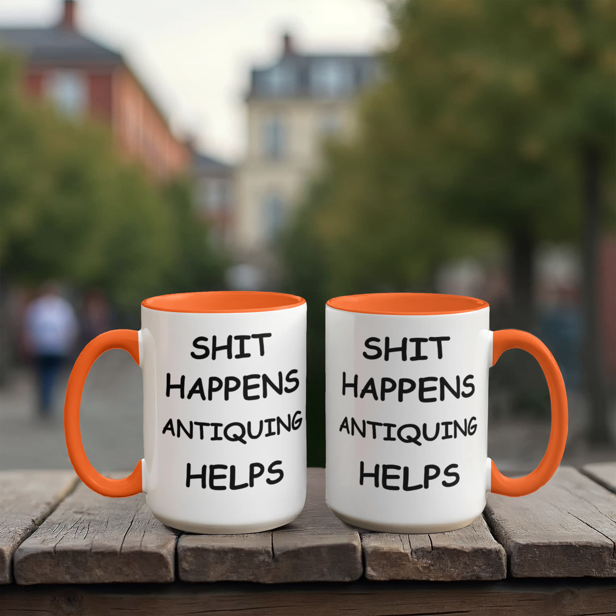 Shit Happens Antiquing Helps Funny Two-Tone Coffee Mug – Gift for Antique Lovers, Vintage Collectors & Flea Market Fans – Colored Accent Mug