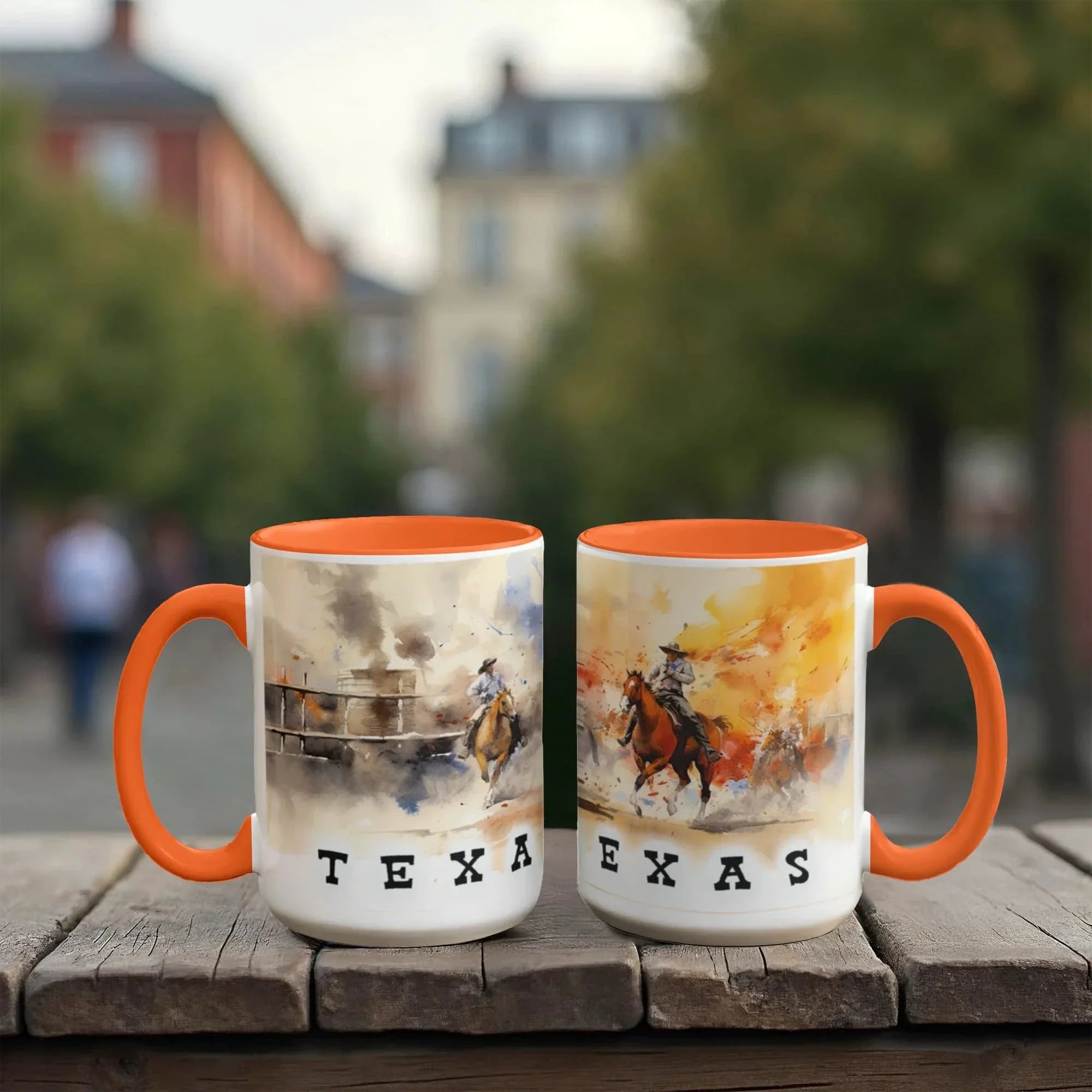 Texas Rodeo Cowboy Two-Tone Accent Mug – 11oz & 15oz – Western Cutting Horses Coffee Cup with Colored Interior & Handle