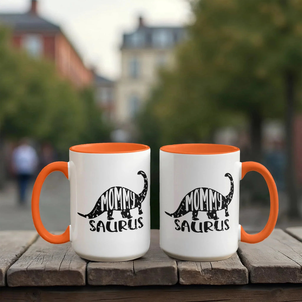 Mommy Saurus Dinosaur Mug – Funny Gift for Moms – Two Tone Color Accent Ceramic Coffee Mugs