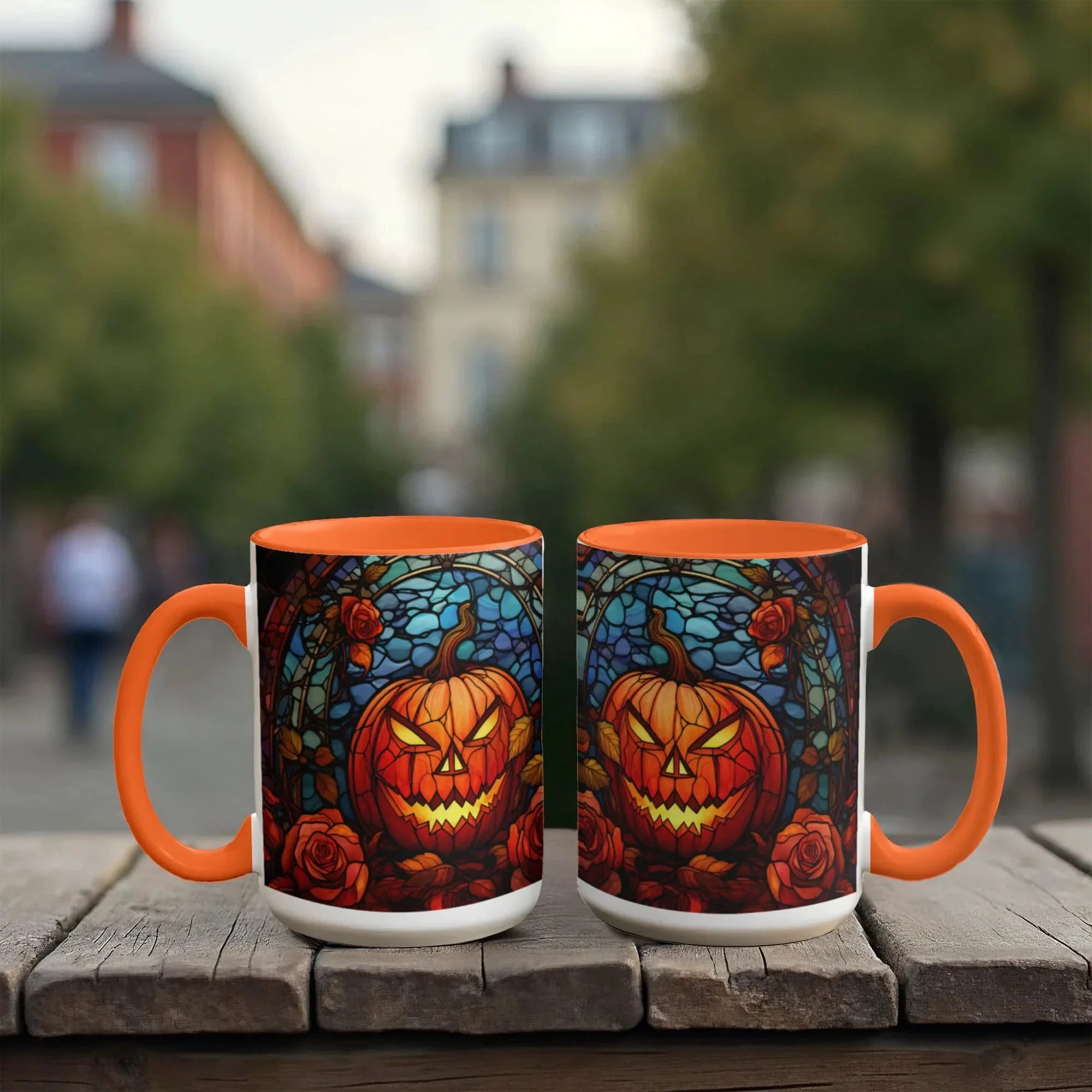 Stained Glass Pumpkin Halloween Ceramic Two Toned Accent Color Mug – Vibrant Jack-O'-Lantern Coffee Cup