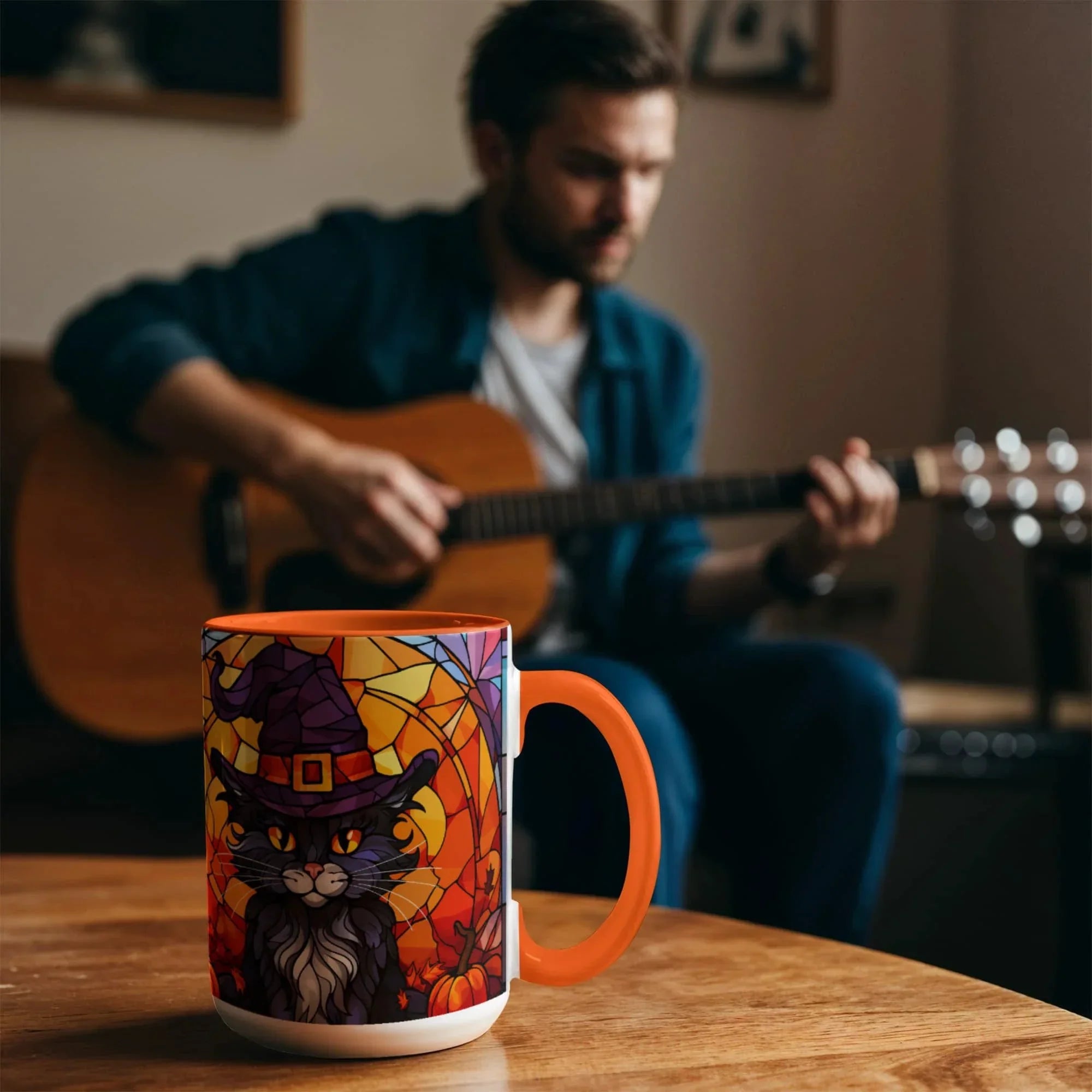 Halloween Black Cat Witch Stained Glass Ceramic Two-tone Mug – Spooky Fall Coffee Cup for Cat Lovers