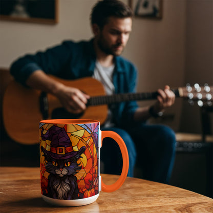 Halloween Black Cat Witch Stained Glass Ceramic Two-tone Mug – Spooky Fall Coffee Cup for Cat Lovers - Mallard Moon