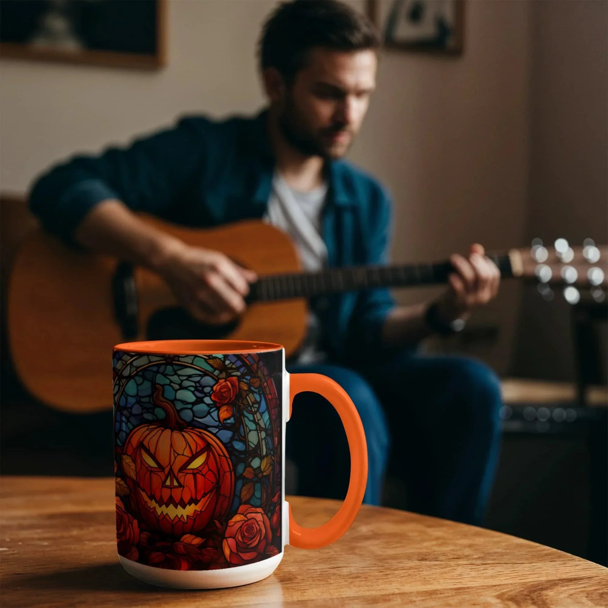Stained Glass Pumpkin Halloween Ceramic Two Toned Accent Color Mug – Vibrant Jack-O'-Lantern Coffee Cup