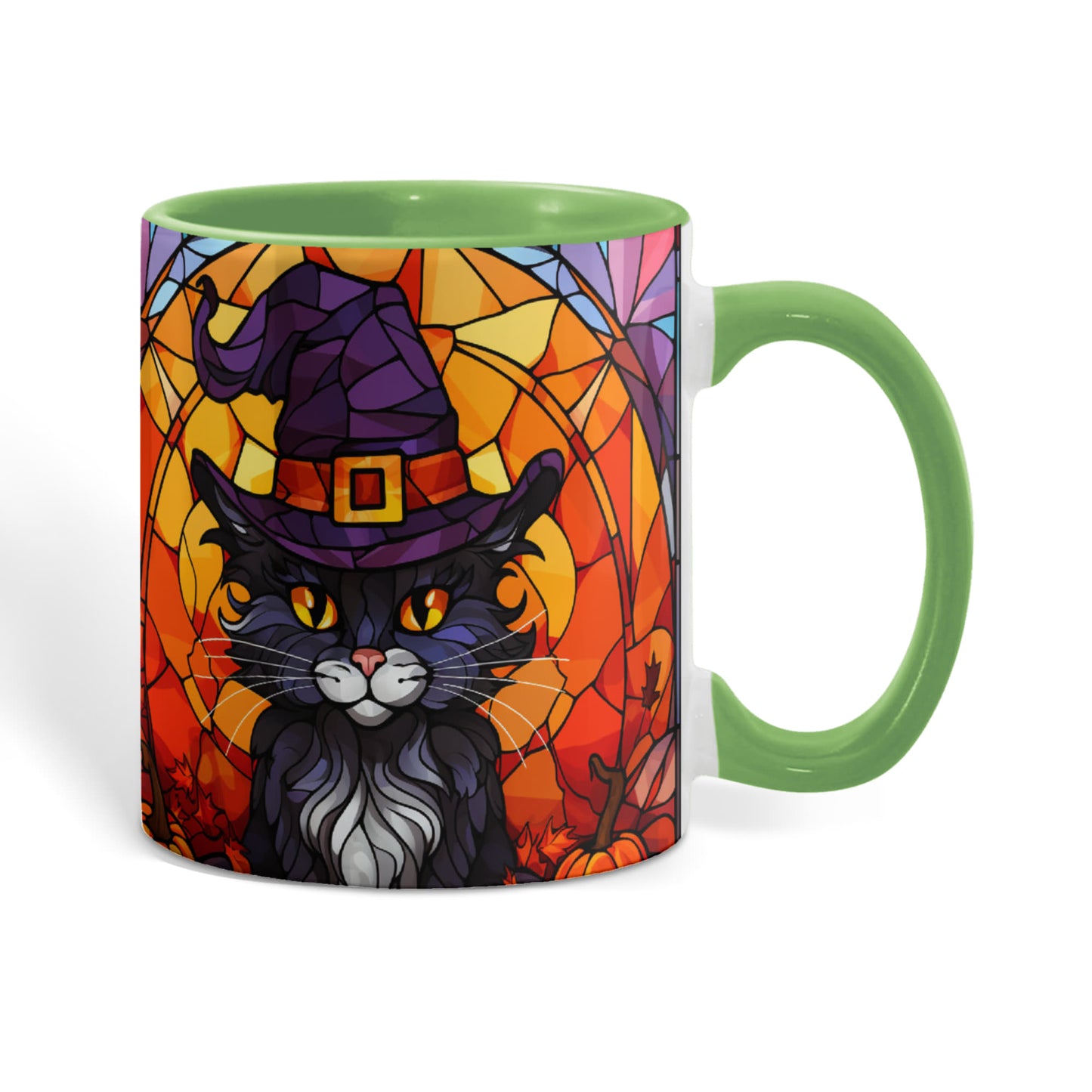 Halloween Black Cat Witch Stained Glass Ceramic Two-tone Mug – Spooky Fall Coffee Cup for Cat Lovers - Mallard Moon