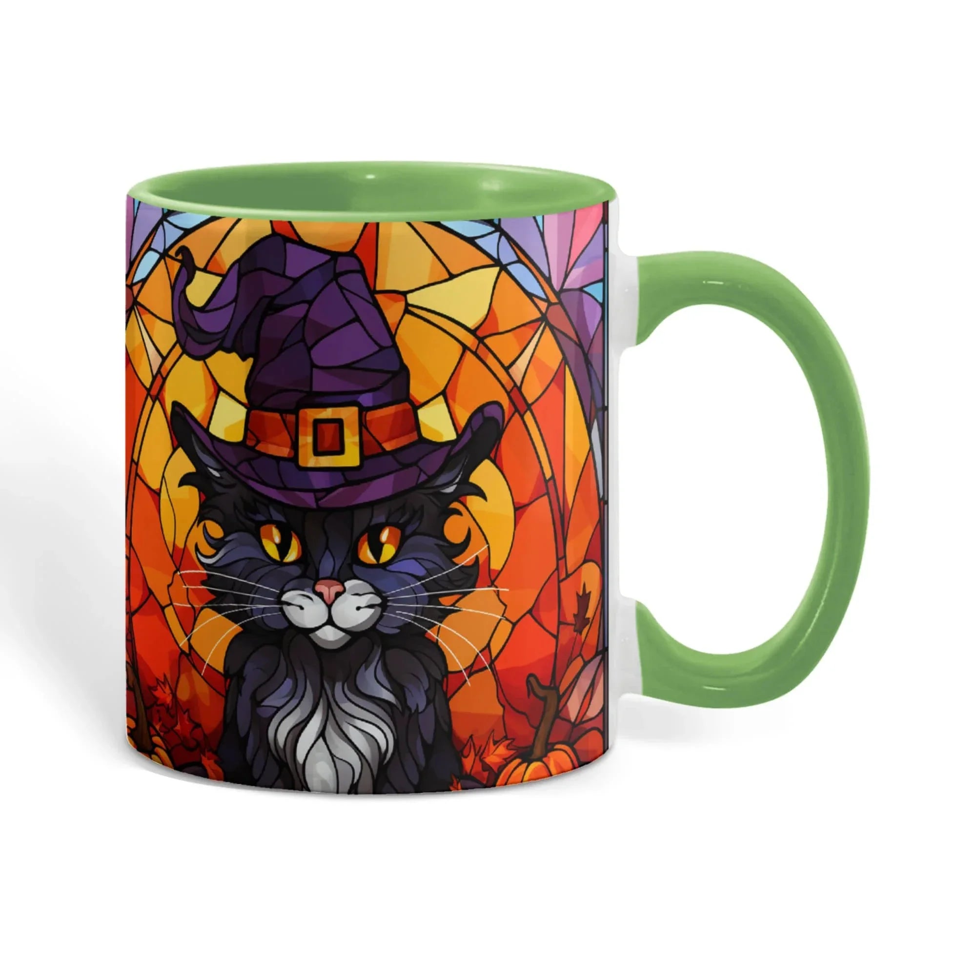 Halloween Black Cat Witch Stained Glass Ceramic Two-tone Mug – Spooky Fall Coffee Cup for Cat Lovers