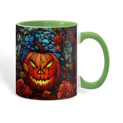 Stained Glass Pumpkin Halloween Ceramic Two Toned Accent Color Mug – Vibrant Jack-O'-Lantern Coffee Cup - Mallard Moon