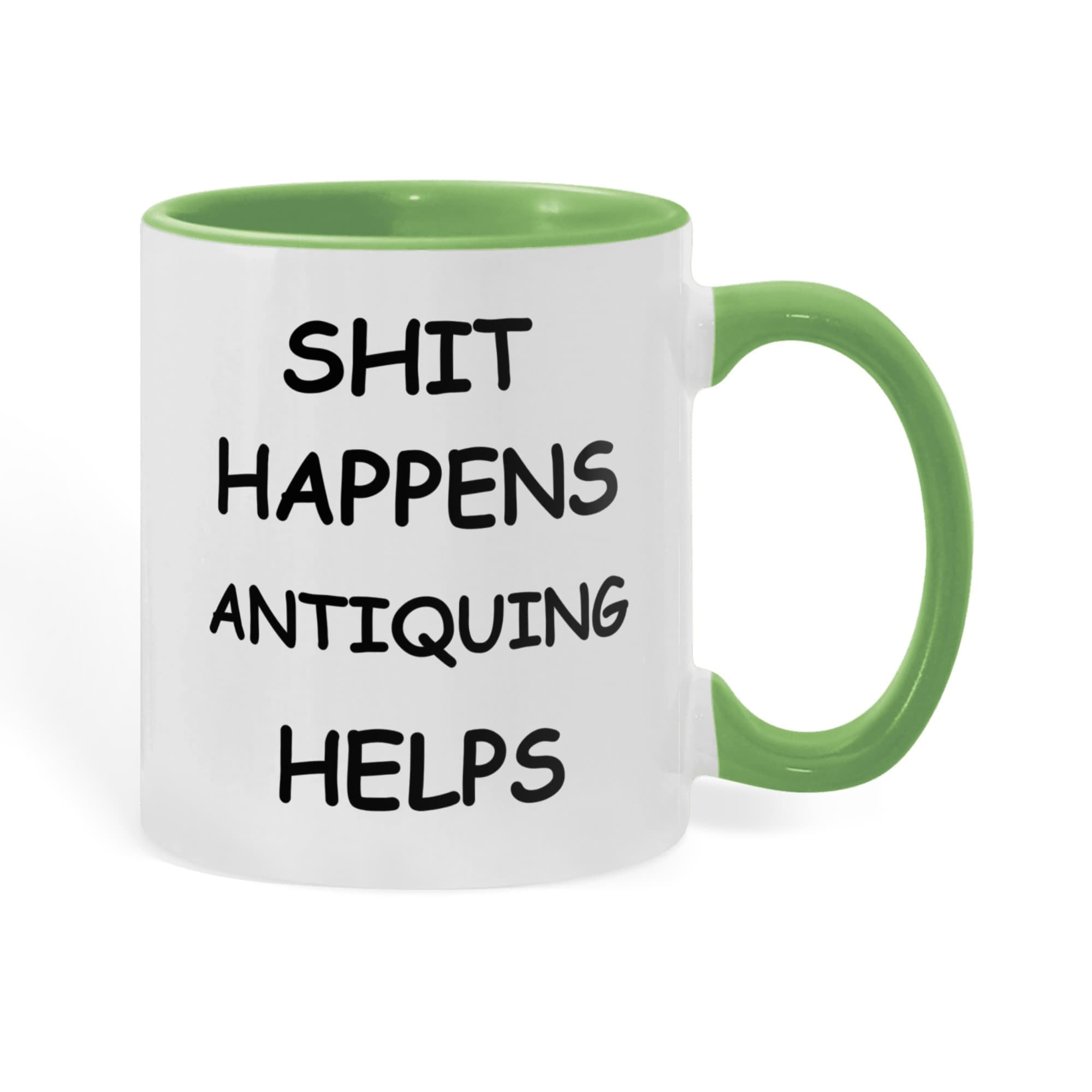 Shit Happens Antiquing Helps Funny Two-Tone Coffee Mug – Gift for Antique Lovers, Vintage Collectors & Flea Market Fans – Colored Accent Mug