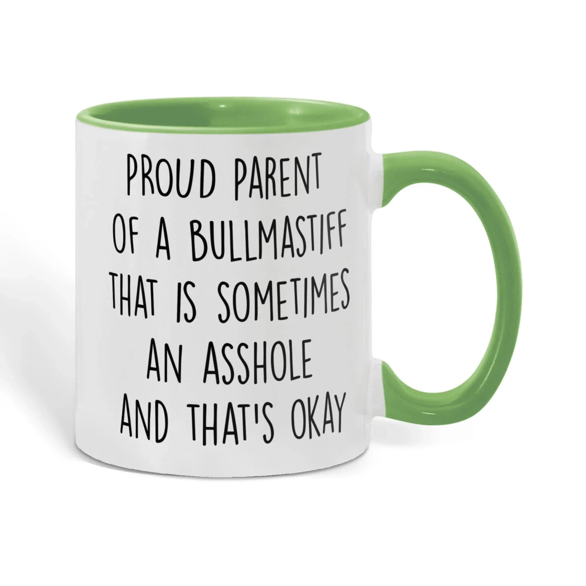 Funny Bullmastiff Dog Parent Color Accent Mug – “Proud Parent of a Bullmastiff That Is Sometimes an Asshole” – Two-Tone Coffee Cup, 11oz or 15oz in 7 Colors