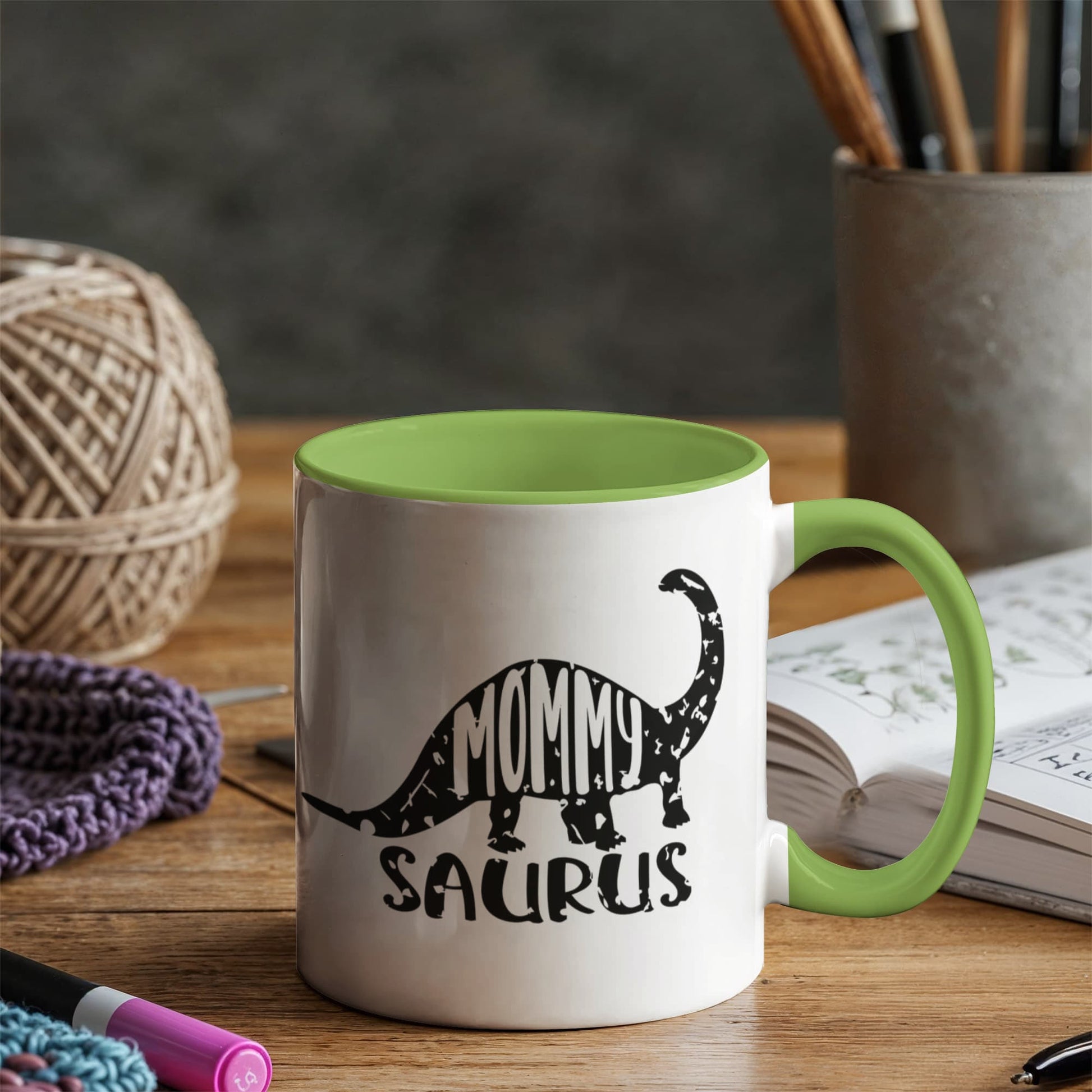Mommy Saurus Dinosaur Mug – Funny Gift for Moms – Two Tone Color Accent Ceramic Coffee Mugs - Mallard Moon Gift Shop