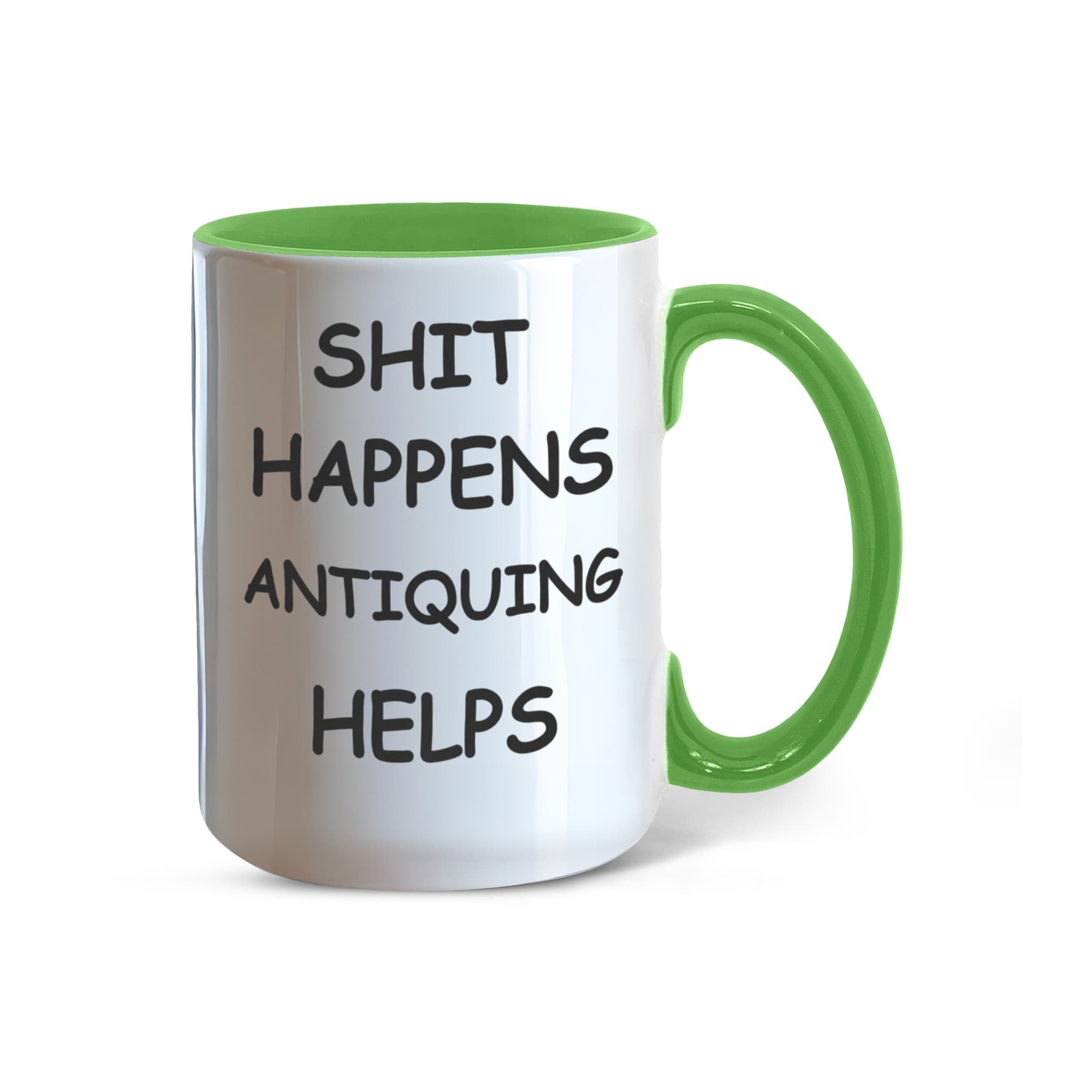 Shit Happens Antiquing Helps Funny Two-Tone Coffee Mug – Gift for Antique Lovers, Vintage Collectors & Flea Market Fans – Colored Accent Mug