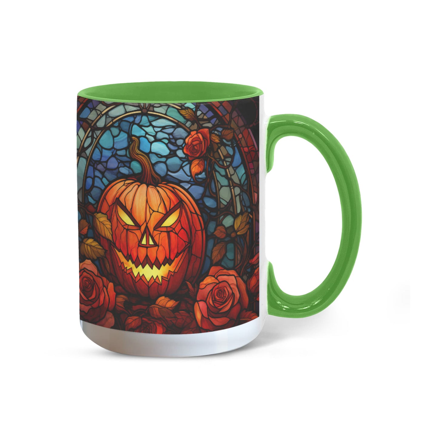Stained Glass Pumpkin Halloween Ceramic Two Toned Accent Color Mug – Vibrant Jack-O'-Lantern Coffee Cup - Mallard Moon