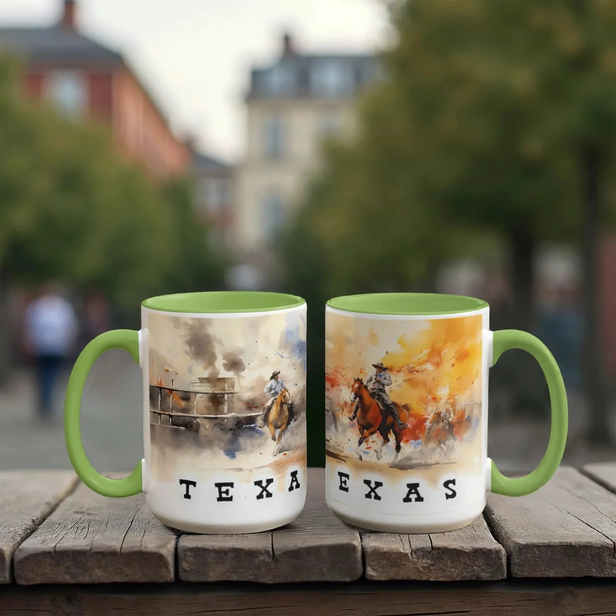 Texas Rodeo Cowboy Two-Tone Accent Mug – 11oz & 15oz – Western Cutting Horses Coffee Cup with Colored Interior & Handle