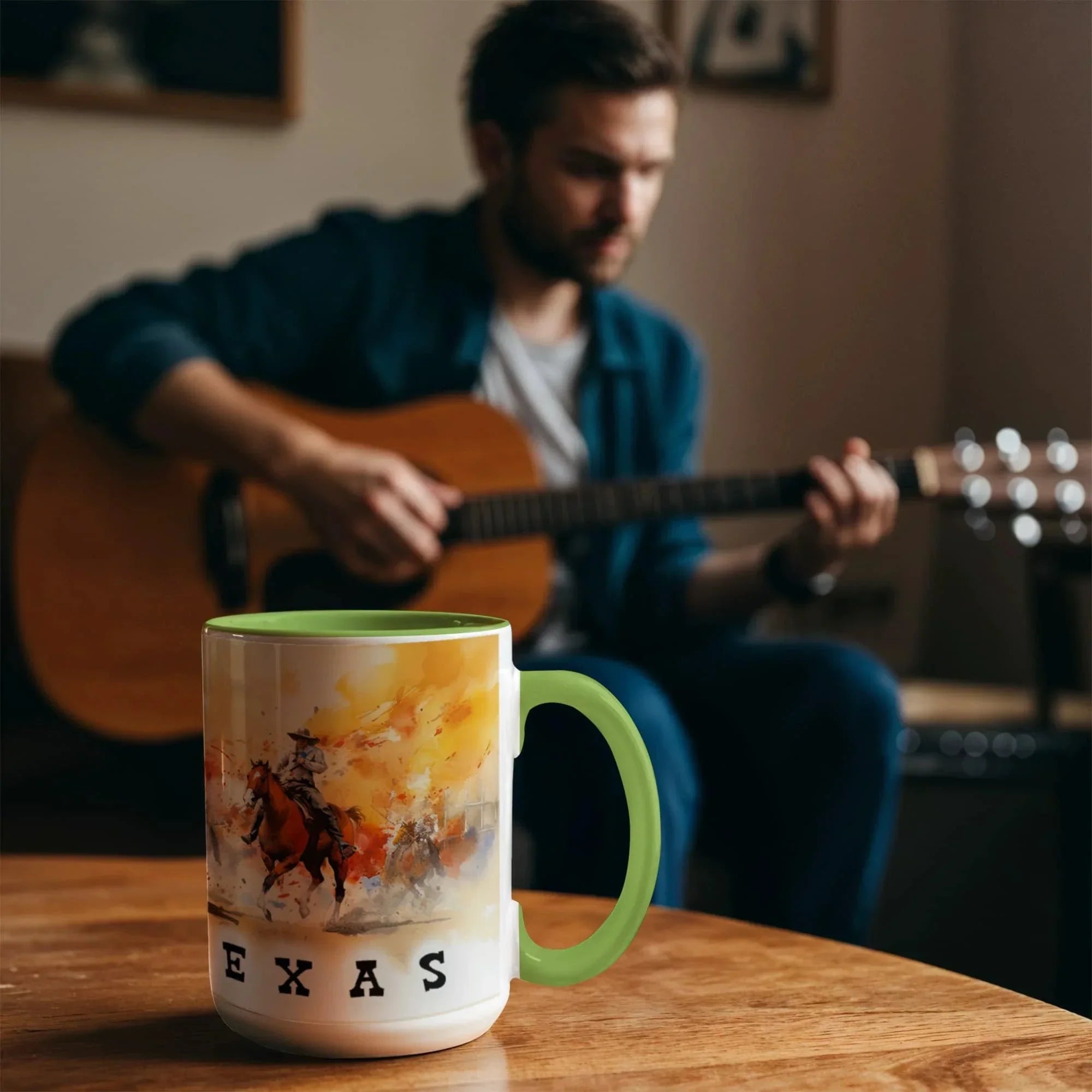 Texas Rodeo Cowboy Two-Tone Accent Mug – 11oz & 15oz – Western Cutting Horses Coffee Cup with Colored Interior & Handle