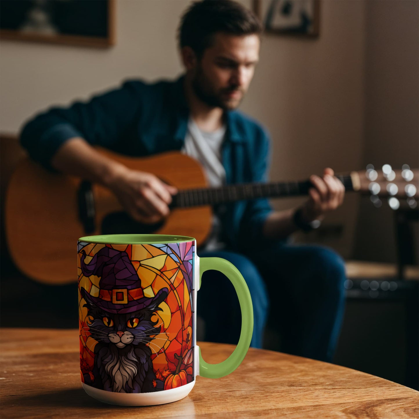 Halloween Black Cat Witch Stained Glass Ceramic Two-tone Mug – Spooky Fall Coffee Cup for Cat Lovers - Mallard Moon