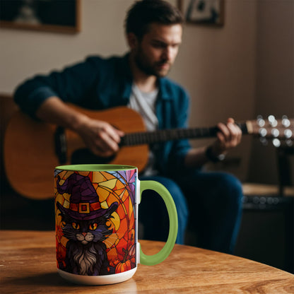 Halloween Black Cat Witch Stained Glass Ceramic Two-tone Mug – Spooky Fall Coffee Cup for Cat Lovers - Mallard Moon