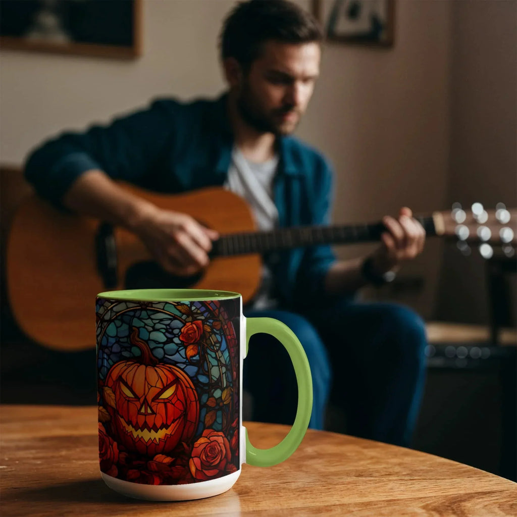 Stained Glass Pumpkin Halloween Ceramic Two Toned Accent Color Mug – Vibrant Jack-O'-Lantern Coffee Cup