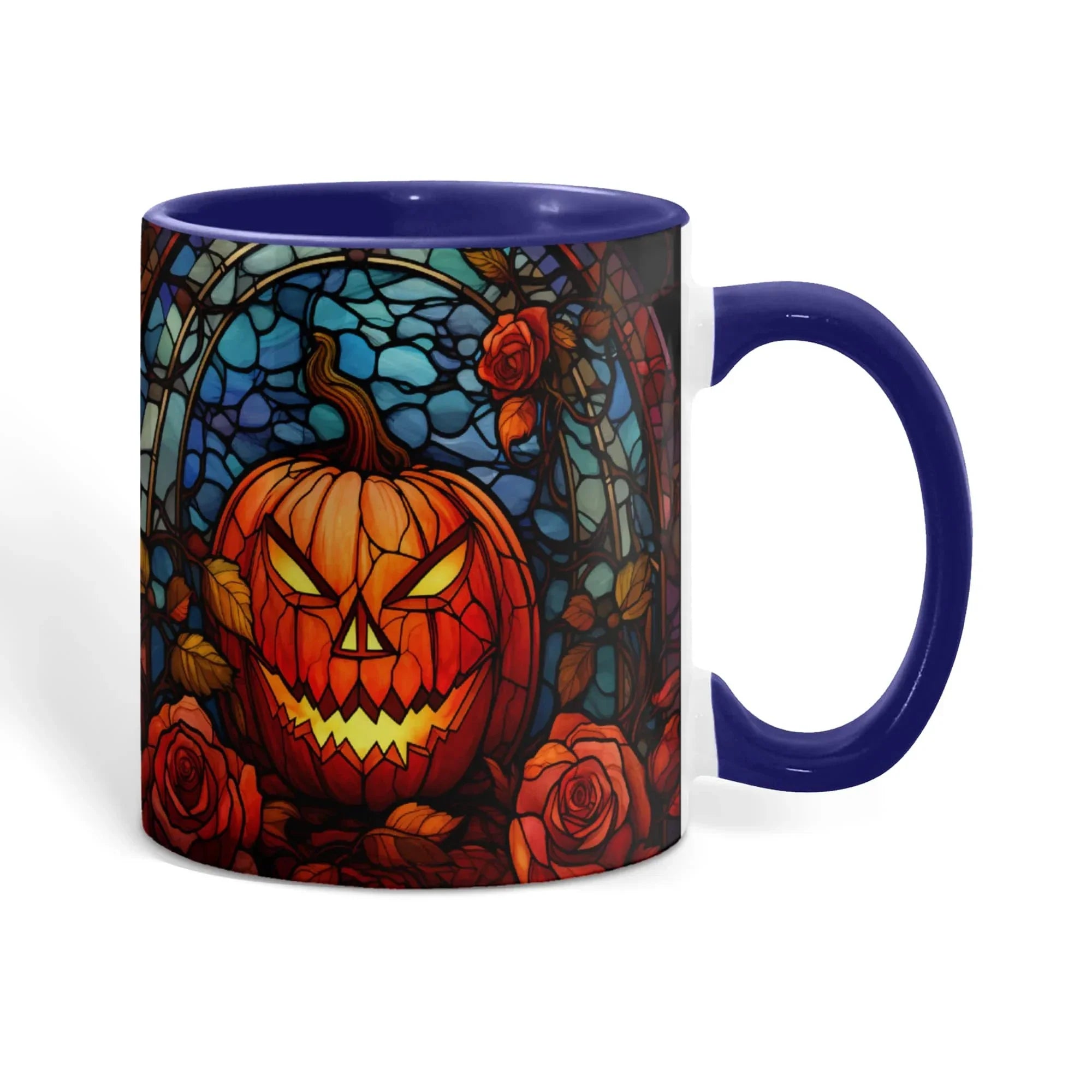 Stained Glass Pumpkin Halloween Ceramic Two Toned Accent Color Mug – Vibrant Jack-O'-Lantern Coffee Cup