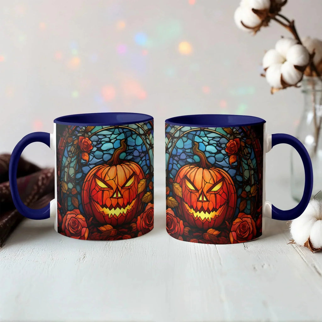 Stained Glass Pumpkin Halloween Ceramic Two Toned Accent Color Mug – Vibrant Jack-O'-Lantern Coffee Cup