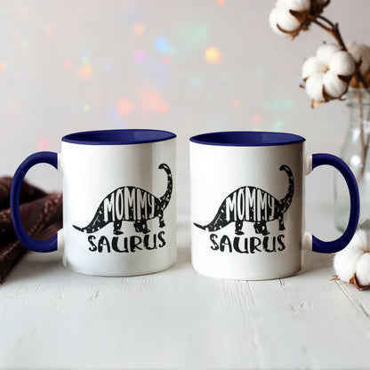Mommy Saurus Dinosaur Mug – Funny Gift for Moms – Two Tone Color Accent Ceramic Coffee Mugs - Mallard Moon Gift Shop