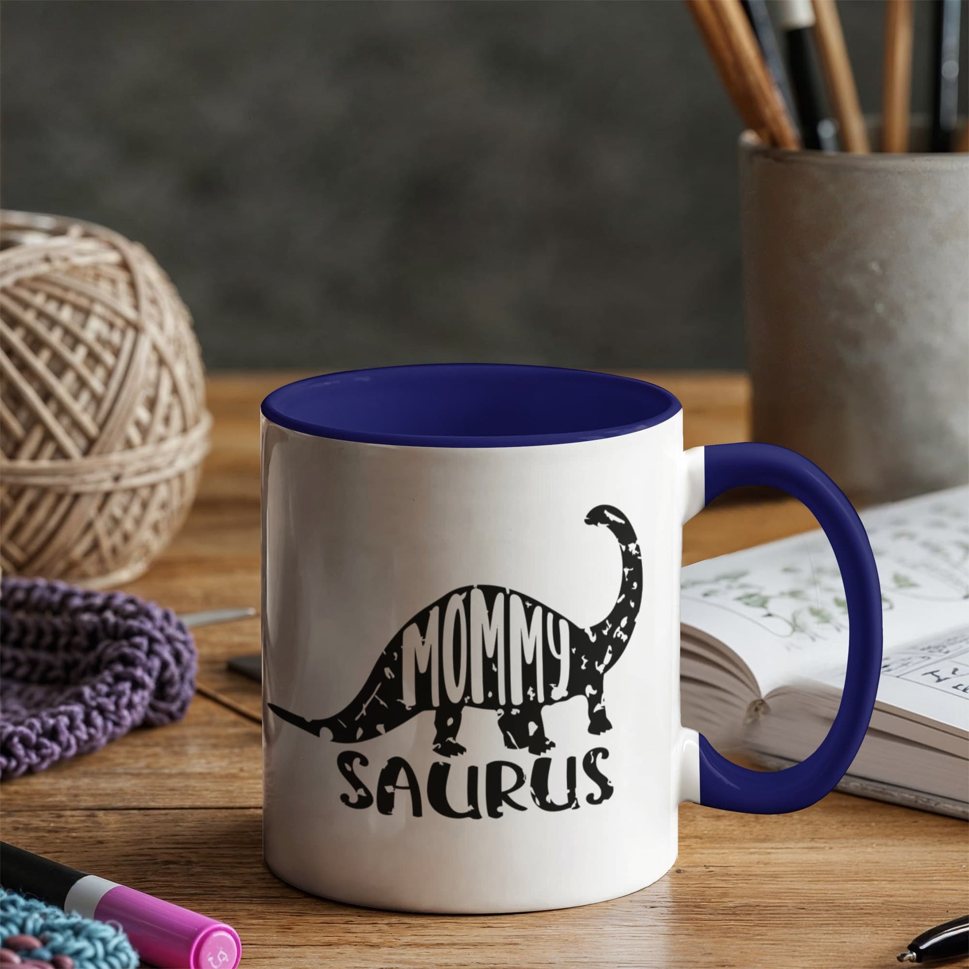 Mommy Saurus Dinosaur Mug – Funny Gift for Moms – Two Tone Color Accent Ceramic Coffee Mugs - Mallard Moon Gift Shop
