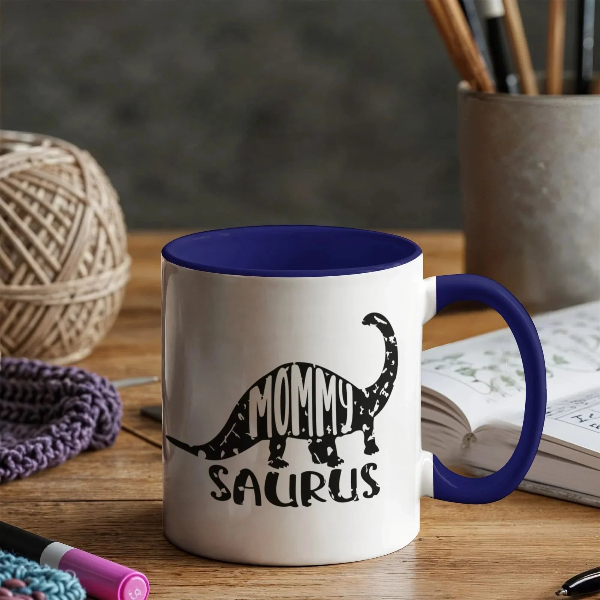 Mommy Saurus Dinosaur Mug – Funny Gift for Moms – Two Tone Color Accent Ceramic Coffee Mugs
