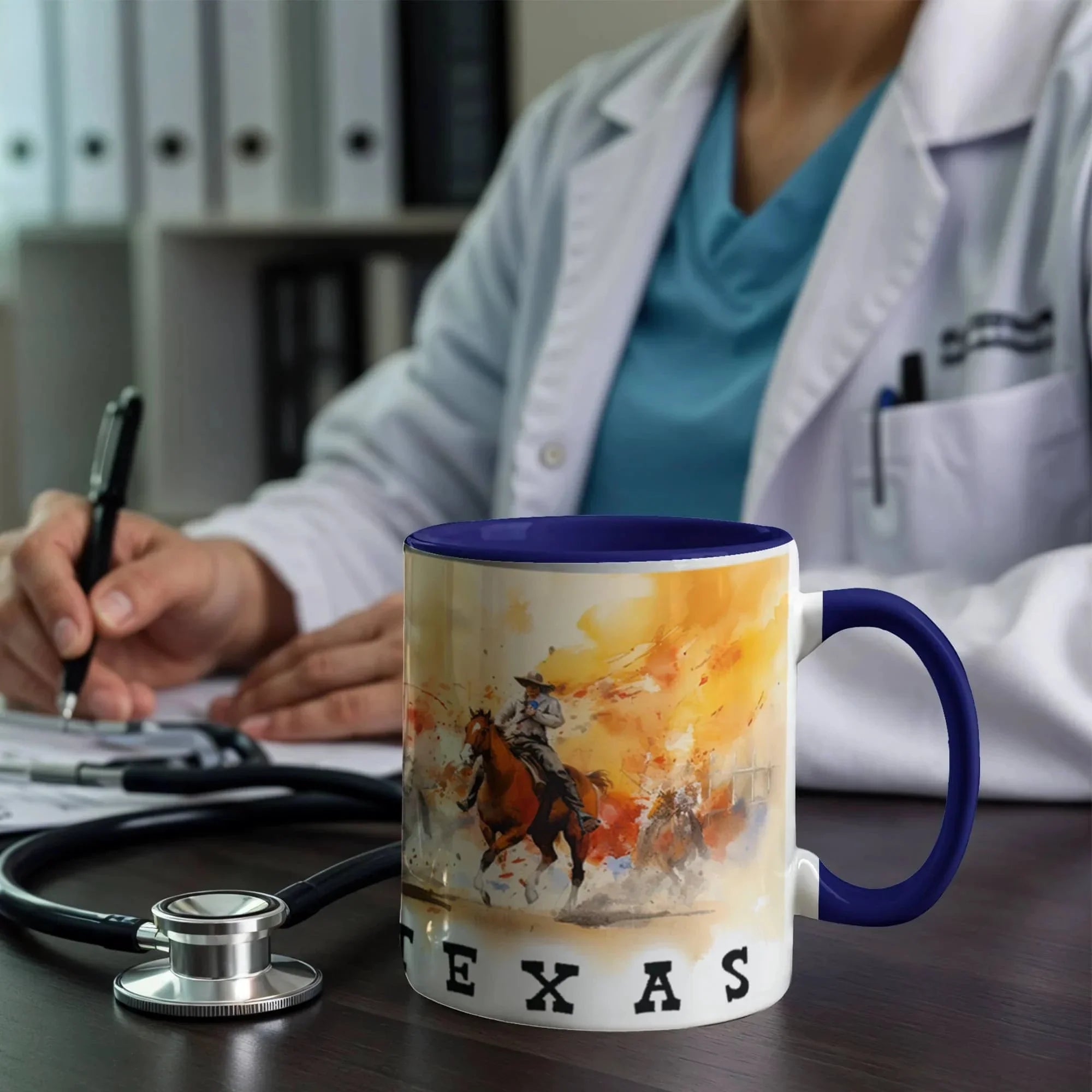 Texas Rodeo Cowboy Two-Tone Accent Mug – 11oz & 15oz – Western Cutting Horses Coffee Cup with Colored Interior & Handle