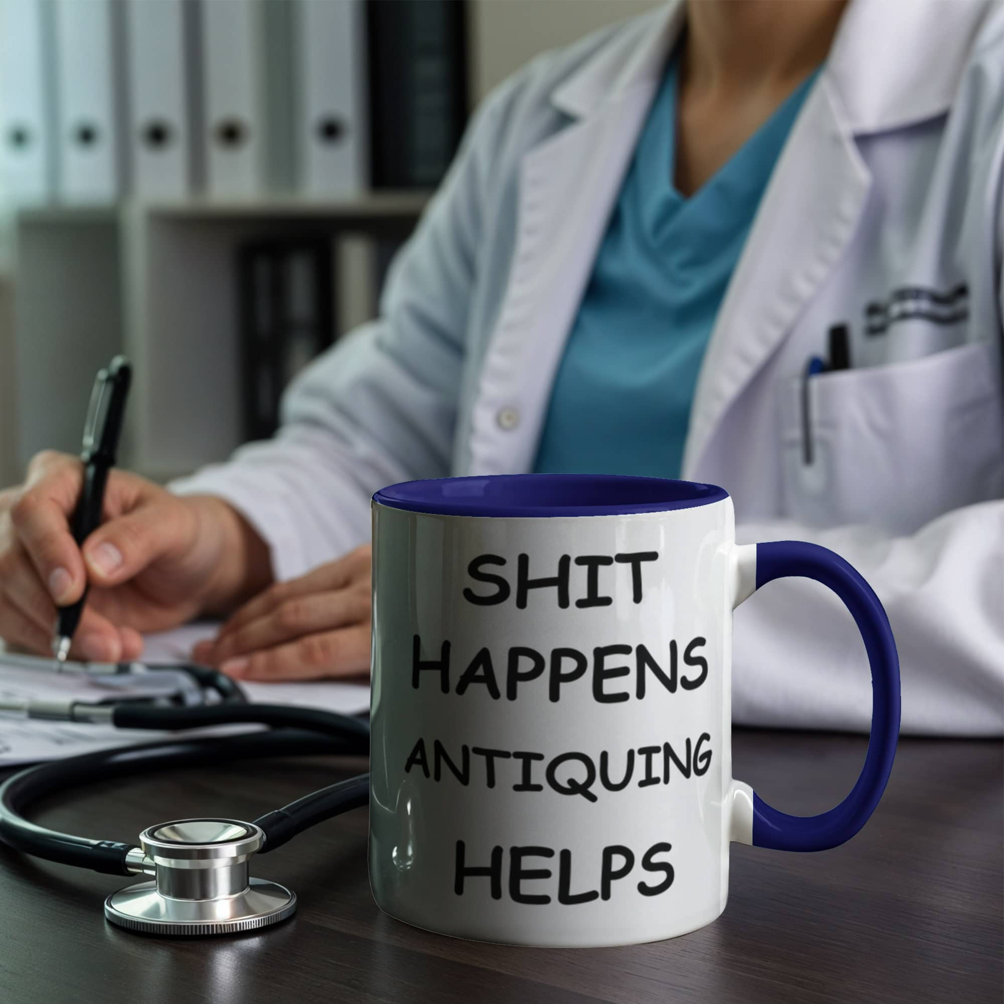 Shit Happens Antiquing Helps Funny Two-Tone Coffee Mug – Gift for Antique Lovers, Vintage Collectors & Flea Market Fans – Colored Accent Mug