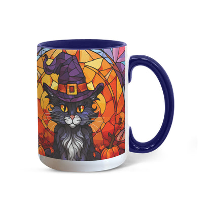 Halloween Black Cat Witch Stained Glass Ceramic Two-tone Mug – Spooky Fall Coffee Cup for Cat Lovers - Mallard Moon