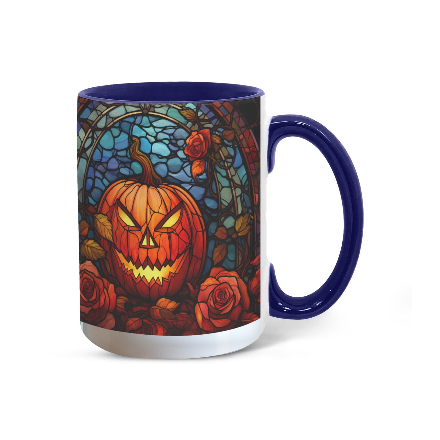 Stained Glass Pumpkin Halloween Ceramic Two Toned Accent Color Mug – Vibrant Jack-O'-Lantern Coffee Cup - Mallard Moon
