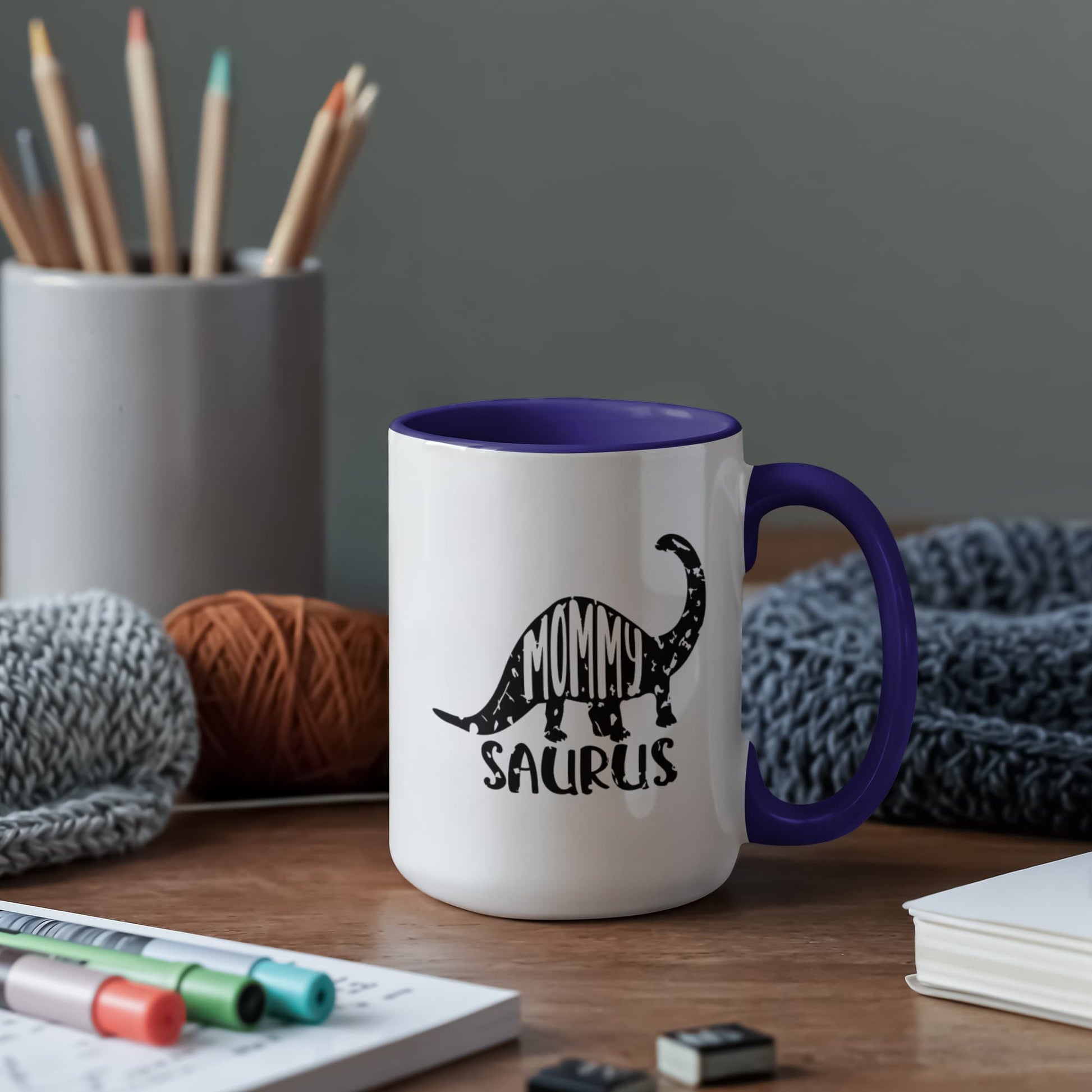 Mommy Saurus Dinosaur Mug – Funny Gift for Moms – Two Tone Color Accent Ceramic Coffee Mugs - Mallard Moon Gift Shop