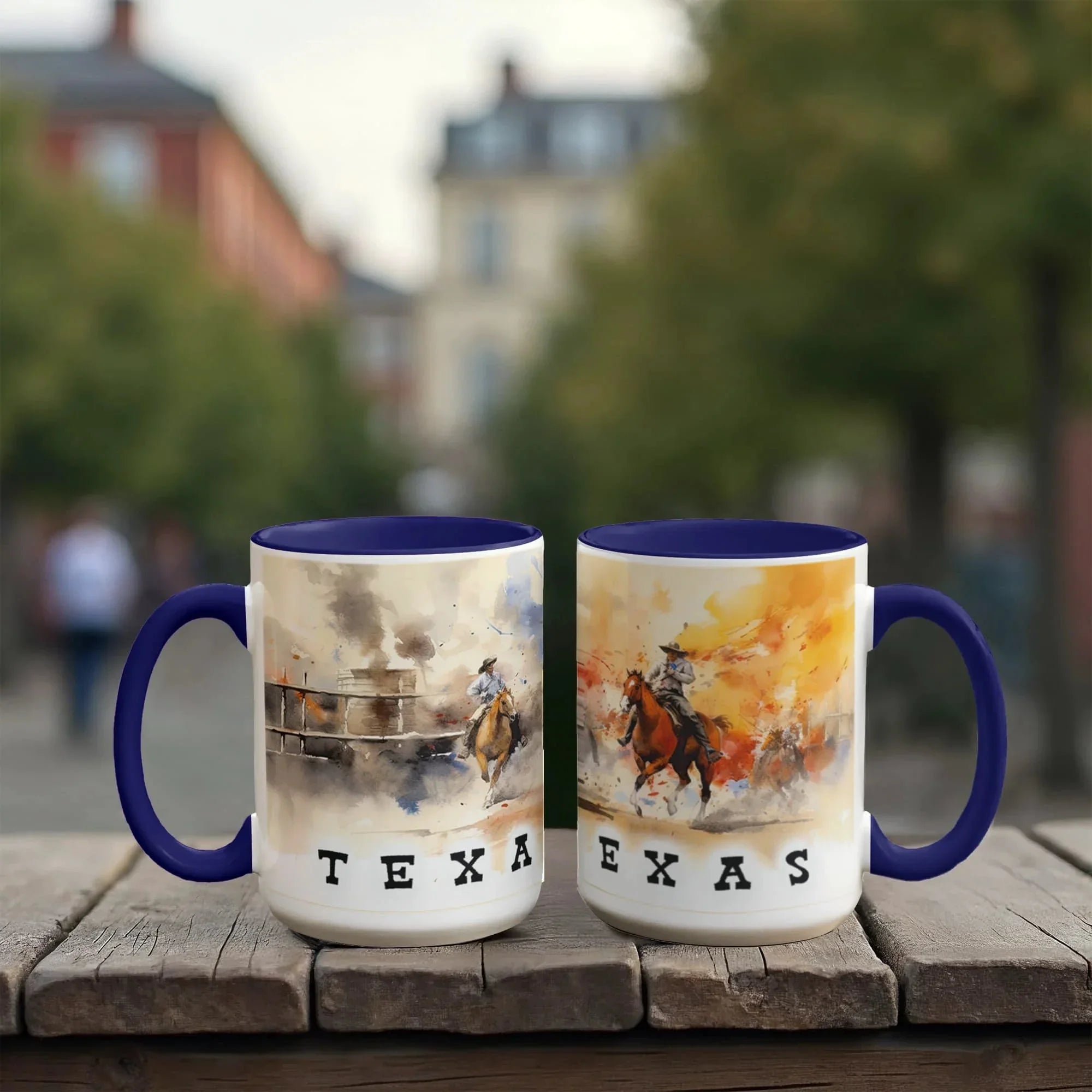 Texas Rodeo Cowboy Two-Tone Accent Mug – 11oz & 15oz – Western Cutting Horses Coffee Cup with Colored Interior & Handle