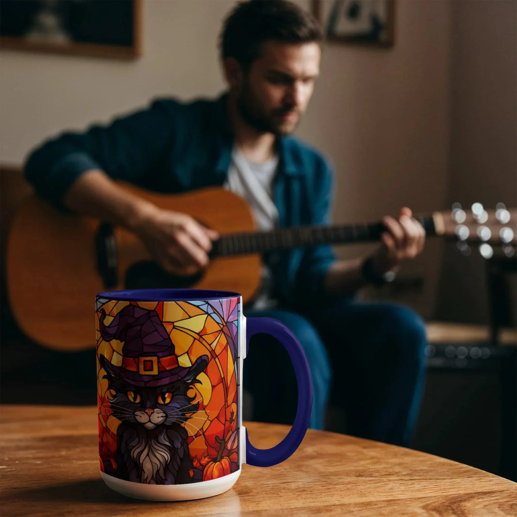 Halloween Black Cat Witch Stained Glass Ceramic Two-tone Mug – Spooky Fall Coffee Cup for Cat Lovers