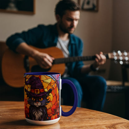 Halloween Black Cat Witch Stained Glass Ceramic Two-tone Mug – Spooky Fall Coffee Cup for Cat Lovers - Mallard Moon