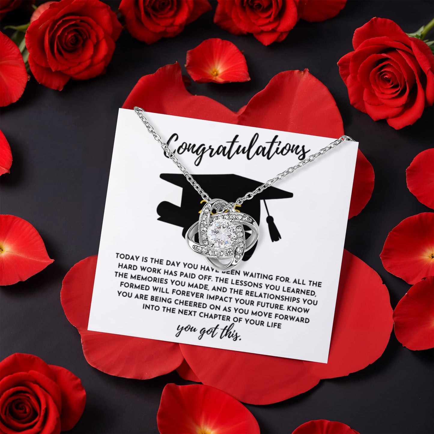 Congratulations Graduation Gift for Her – Rotating Rose Love Knot Necklace with Heartfelt Message Card – Class of 2025 Jewelry for Daughter, Granddaughter, Niece or Friend - Mallard Moon Gift Shop