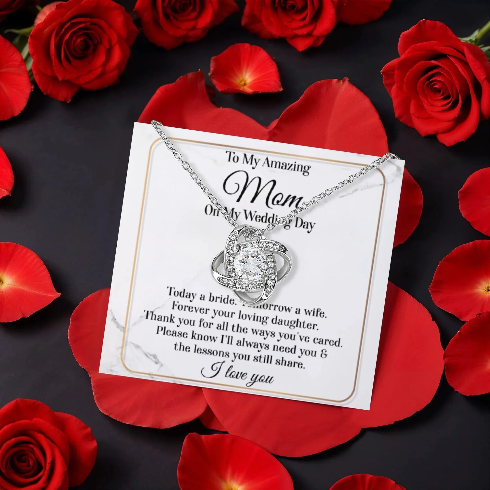 To My Amazing Mom on My Wedding Day – Elegant Rotating Rose Love Knot Necklace Gift from Daughter – Mother of the Bride Keepsake Jewelry