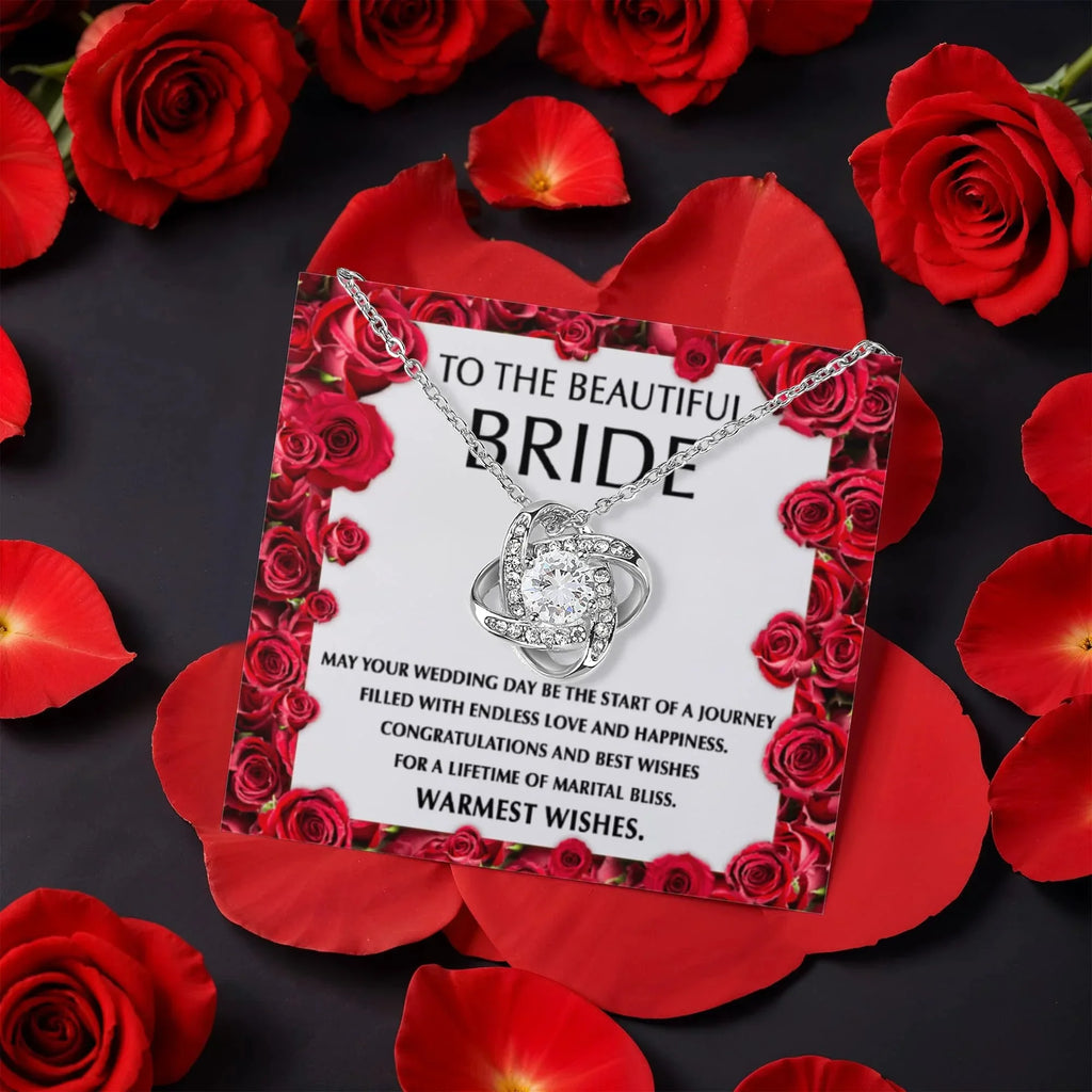 To the Beautiful Bride – Wedding Day Gift with Red Rose Message Card – Rotating Rose Love Knot Necklace for Bridal Shower or Wedding Keepsake